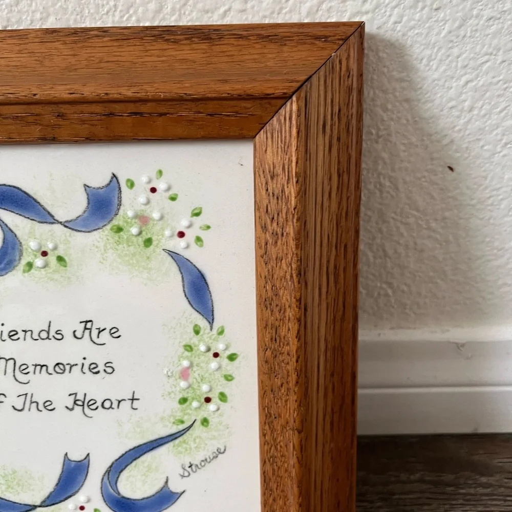 Wooden Framed Ceramic Wall Art with Blue Accents 9/9 Inch